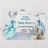 ブルードラゴン城の水の色の赤ちゃんシャワー 招待状 (正面/裏面)