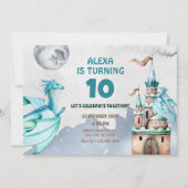 ブルードラゴン城の水彩誕生日 招待状 (正面)