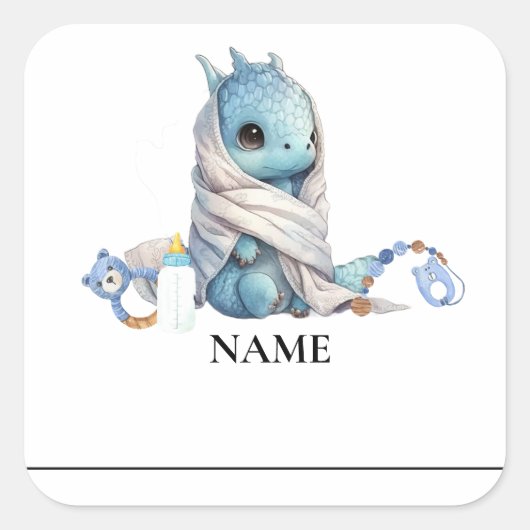 ブルードラゴン水彩赤ちゃんシャワー名タグ スクエアシール (正面)