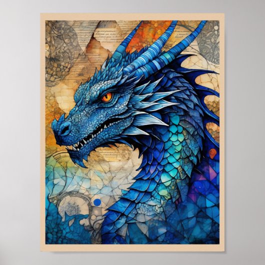 ブルードラゴン 額装済み アートプリント ポスター (正面)