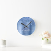 ブルードリッピンググリッターパーソナライズされた ラウンド壁時計 (ホーム)