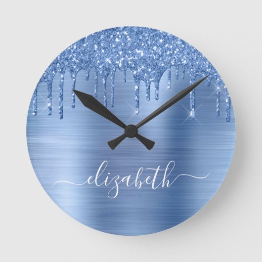 ブルードリッピンググリッターパーソナライズされた ラウンド壁時計 (正面)