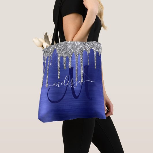 ブルードリップガーリーグリッターブラシ金属モノグラム トートバッグ (クローズアップ)
