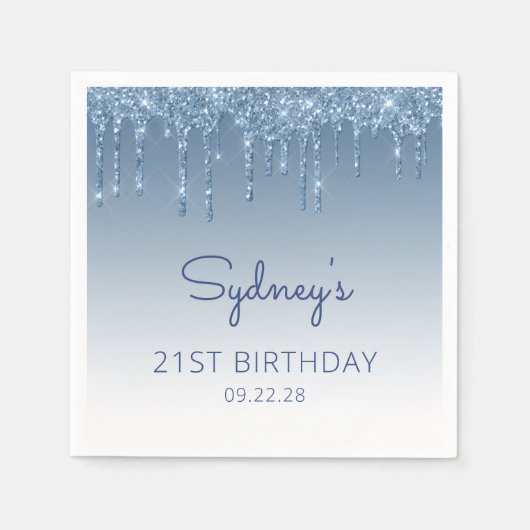 ブルードリップグリッターグラム21歳の誕生日パーティー スタンダードカクテルナプキン (正面)