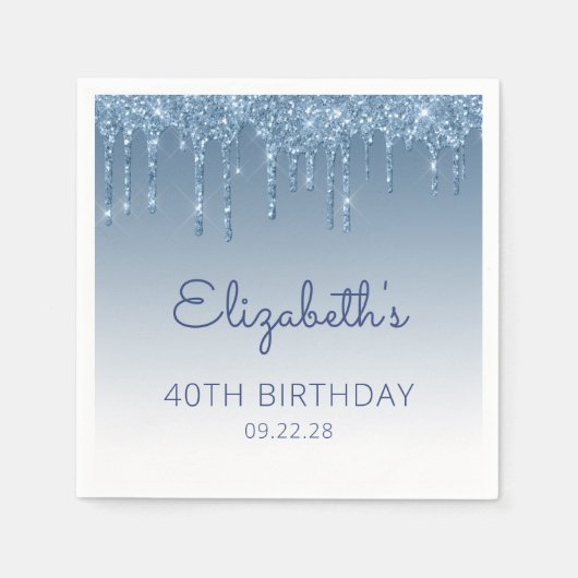 ブルードリップグリッターグラム40th誕生日パーティー スタンダードカクテルナプキン (正面)