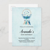 ブルードリームキャッチャー(花と羽の誕生日) インビテーションポストカード (正面/裏面)