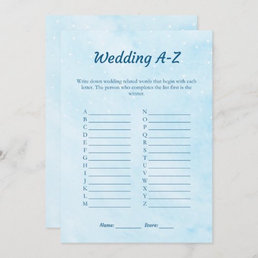 ブルードリー結婚ミーのA-Zブライダルシャワーゲームカード 招待状 (正面/裏面)