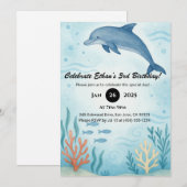 ブルードルフィンカラフル&コーラルリーフ誕生日 招待状 (正面/裏面)