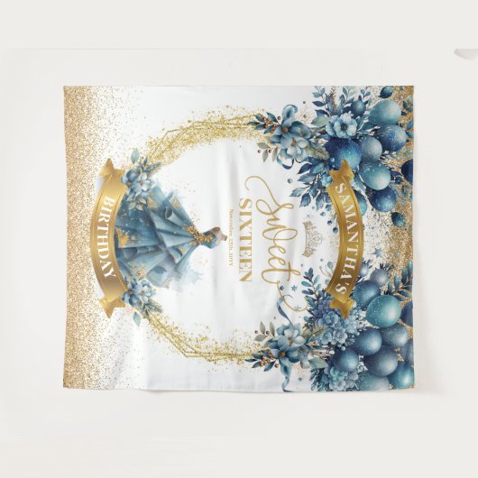 ブルードレスと金ゴールドバルーン甘い16誕生日 タペストリー (正面(横))