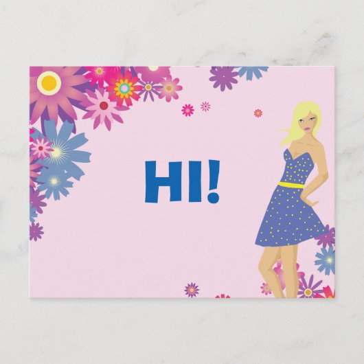 ブルードレスのブロンド女性こんにちは ポストカード (正面)