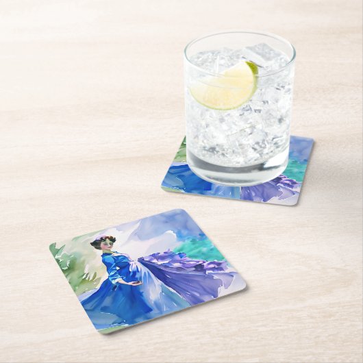 ブルードレスのレディ – 水色絵を描の スクエアペーパーコースター (インサイチュ)