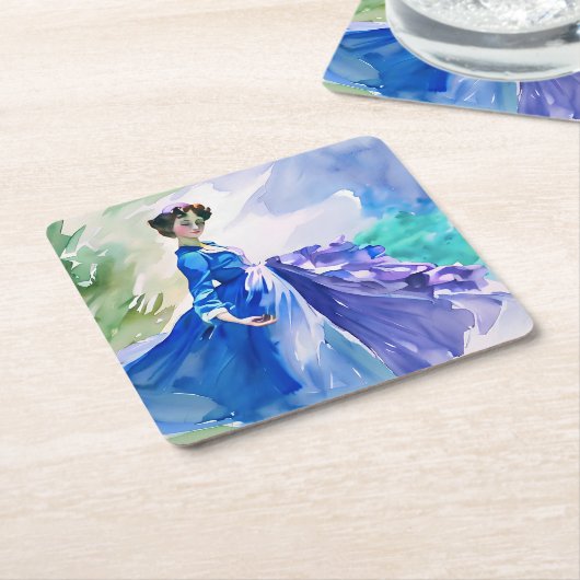 ブルードレスのレディ – 水色絵を描の スクエアペーパーコースター (アングル)