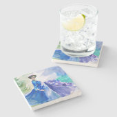 ブルードレスのレディ – 水色絵を描の ストーンコースター (横)