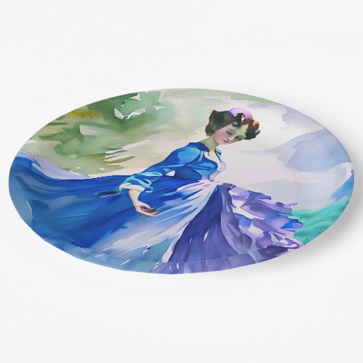 ブルードレスのレディ – 水色絵を描の ペーパープレート (アングル)