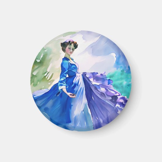 ブルードレスのレディ – 水色絵を描の マグネット (正面)