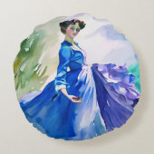 ブルードレスのレディ – 水色絵を描の ラウンドクッション (裏面)
