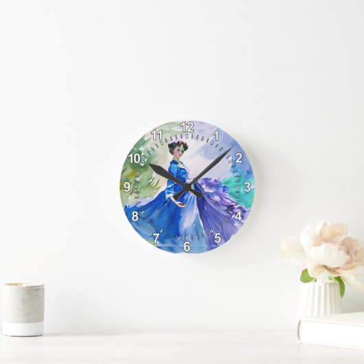 ブルードレスのレディ – 水色絵を描の ラウンド壁時計 (ホーム)