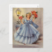 ブルードレスのヴィンテージクリスマスガール シーズンポストカード (正面/裏面)