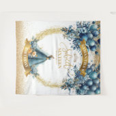 ブルードレススウィート16金ゴールドグリッター水彩バナー タペストリー (正面(横))