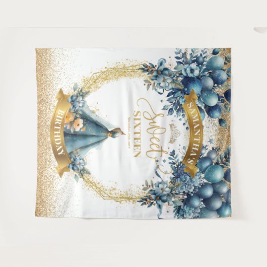 ブルードレススウィート16金ゴールドグリッター水彩バナー タペストリー (正面(横))