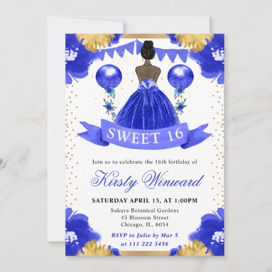 ブルードレスダークスキンプリンセススウィート16 招待状 (正面)