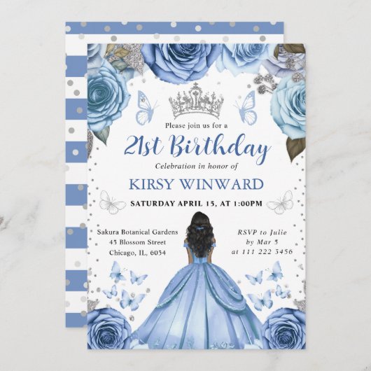 ブルードレスダークスキンプリンセス誕生日 招待状 (正面/裏面)