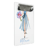 ブルードレスフラワーズウーマンシックファッション スタイリッシュ ミニクリップボード (アングル)