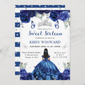 ブルードレスブラックヘアプリンセススウィート16 招待状 (正面/裏面)