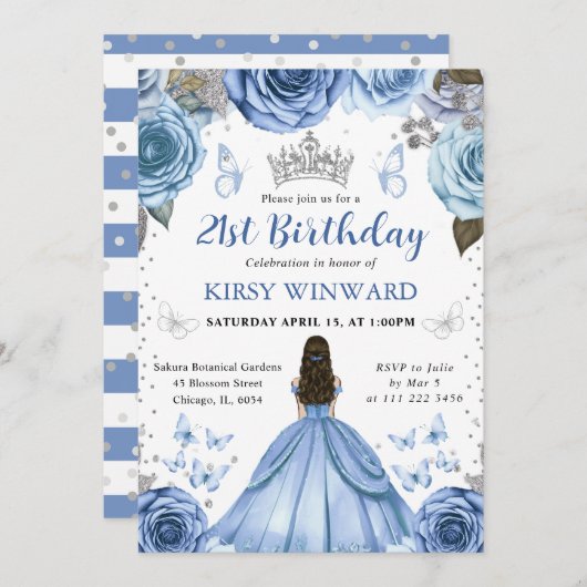ブルードレスブルネットプリンセス誕生日 招待状 (正面/裏面)