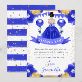 ブルードレスブルネットヘアプリンセス誕生日 サンキューカード (正面/裏面)