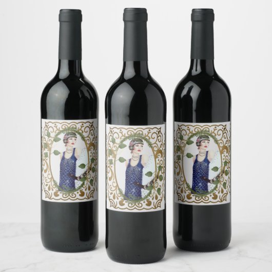 ブルードレスヴィンテージ1920sフラッパーアールデコ女性 ワインラベル (ボトル)