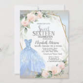 ブルードレス、ピンクローゼフレームシルバースウィート16 招待状 (正面)