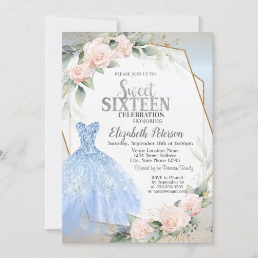 ブルードレス、ピンクローゼフレームシルバースウィート16 招待状 (正面)