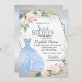 ブルードレス、ピンクローゼフレームシルバースウィート16 招待状 (正面/裏面)