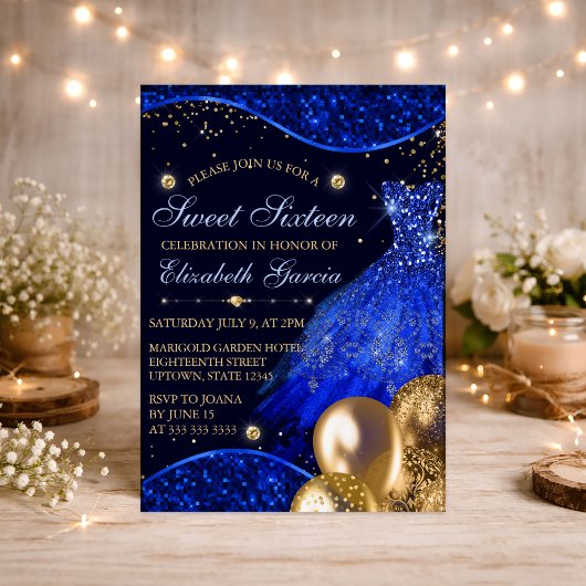 ブルードレス&金ゴールドグリッターバルーンスイート16 招待状