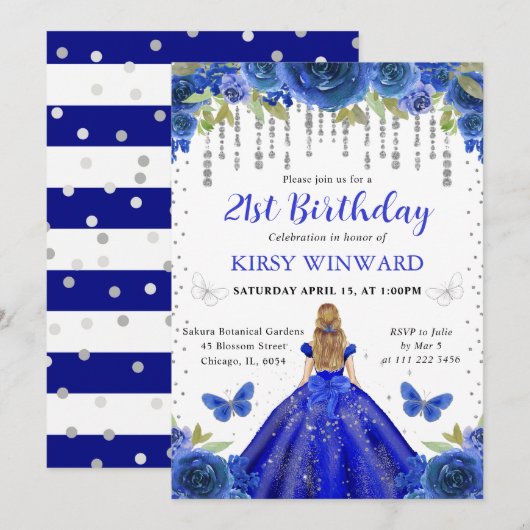 ブルードレ王室のスブロンドヘアプリンセス誕生日 招待状 (正面/裏面)