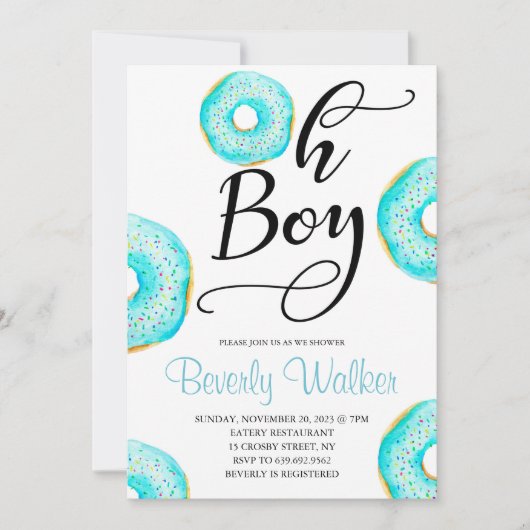 ブルードーナツオ男の赤ちゃんベビーシャワー 招待状 (正面)