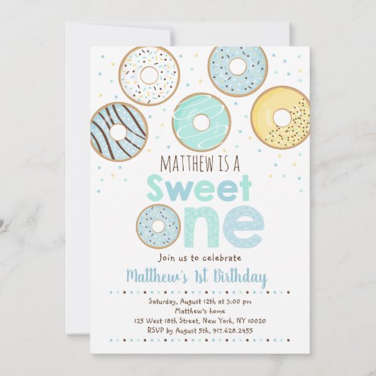ブルードーナツスイートワンファースト誕生日 招待状 (正面)