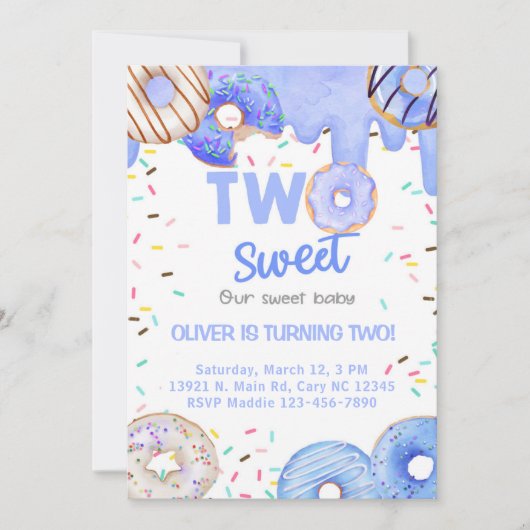 ブルードーナツ甘い2男の子2日の誕生日招待状。 招待状 (正面)