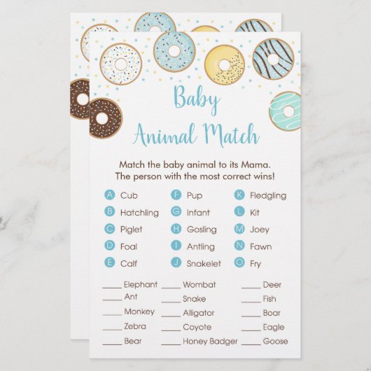 ブルードーナツ赤ちゃんシャワー動物マッチゲーム (正面/裏面)