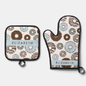 ブルードーナツ，ブラウンドーナツ，ふりかけ，あなたの名前 鍋つかみ&鍋敷きセット (正面)