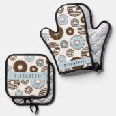 ブルードーナツ，ブラウンドーナツ，ふりかけ，あなたの名前 鍋つかみ&鍋敷きセット (正面/裏面)