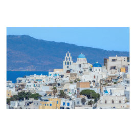ブルードームの教会 ギリシャの村 フォトプリント           