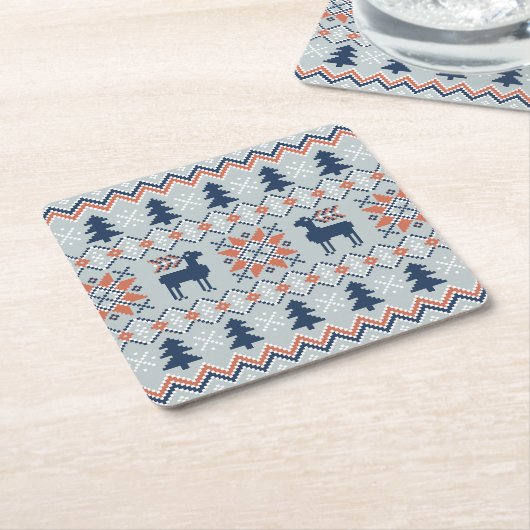 ブルーナイテッドのクリスマスセーターのトナカイ模様 スクエアペーパーコースター (アングル)