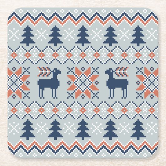 ブルーナイテッドのクリスマスセーターのトナカイ模様 スクエアペーパーコースター (正面)