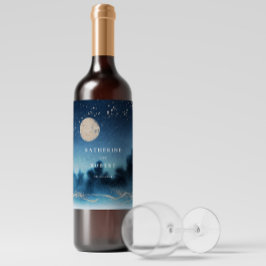 ブルーナイトウォーターカラー風景結婚のワインラベル ワインラベル