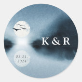 ブルーナイトウォーターカラー風景結婚ズモノグラム ラウンドシール (正面)