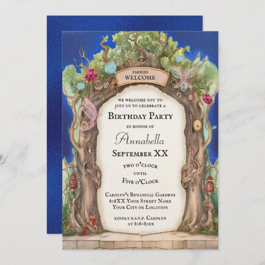 ブルーナイトスカイに魅了された森の妖精の庭 招待状 (正面/裏面)