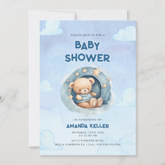 ブルーナイトスカイベビーベアシャワー招待状 招待状 (正面)