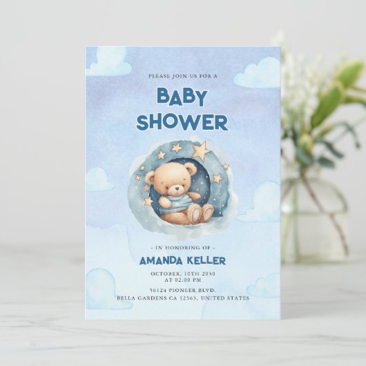 ブルーナイトスカイベビーベアシャワー招待状 招待状 (スタンド正面)